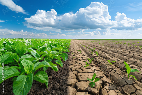 climate change, a contrast between a lush, irrigated field and a dry, cracked earth landscape photo