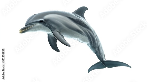 A playful dolphin leaping out of the water, captured on a white background. The dolphin is shown in mid-air, highlighting its graceful and dynamic movement.