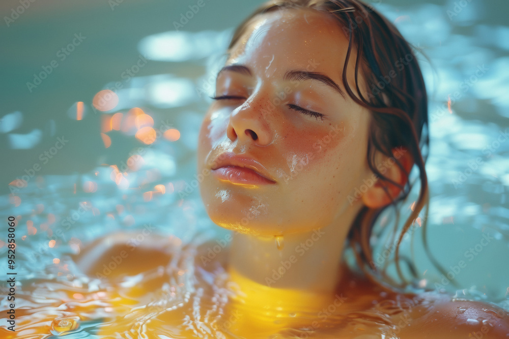 Revitalizing beauty skin care treatment in a serene pool at sunset, young woman showcasing natural radiance and relaxation Revitalizing beauty skin care treatment in a serene pool at sunset, young woman showcasing natural radiance and relaxation