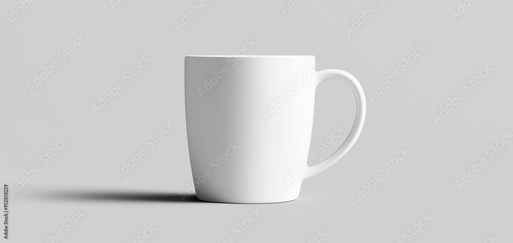 White ceramic mug with handle, isolated on gray background. White ceramic mug with handle, isolated on gray background.