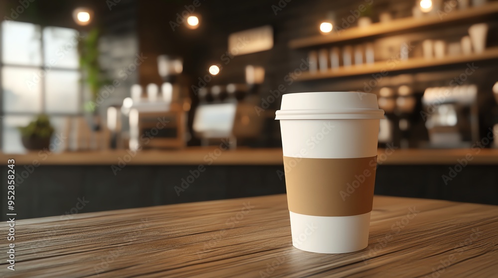 A white coffee cup with a brown sleeve sits on a wooden table in a cafe. A white coffee cup with a brown sleeve sits on a wooden table in a cafe.