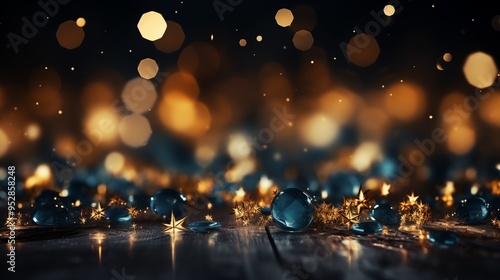 Abstract background with gold stars, particles and sparkling on navy blue. Christmas Golden light shine particles bokeh on navy blue background.