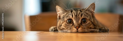 Humorous domestic cat trying to grab food from a table with wide eyes.