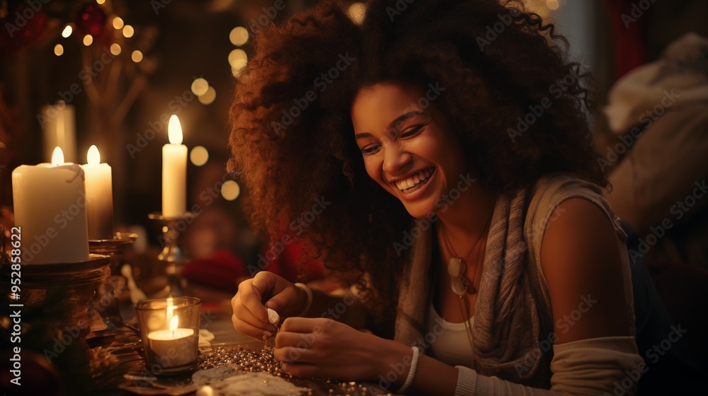 Black african american dark-skinned friends or family sitting near Christmas tree, smiling, and opening christmas presents. Black african american dark-skinned friends or family sitting near Christmas tree, smiling, and opening christmas presents.