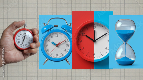 A composite image showing different timekeeping devices. From left to right: a hand holding a red stopwatch, a blue analog alarm clock, a round wall clock split into red and blue halves, and... photo