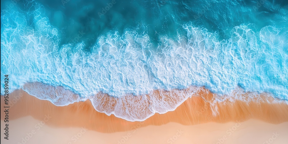 Fototapeta premium Aerial view of ocean waves crashing on a sandy beach creating a stunning blend of blue, white, and beige.