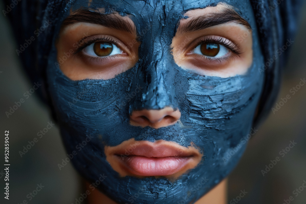 Woman applying a clay mask for skin care at home, emphasizing her natural beauty and self-care routine Woman applying a clay mask for skin care at home, emphasizing her natural beauty and self-care routine