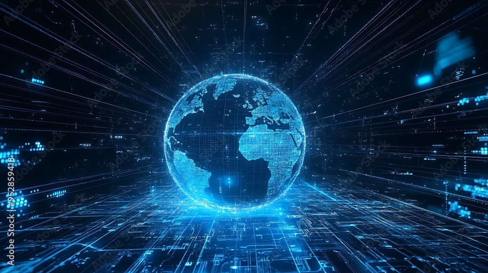 Obraz premium Digital Globe with Abstract Blue Lines and Data Flow