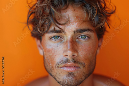 Young man with tousled hair and striking green eyes poses against bold orange background, showcasing healthy skin with care product applied