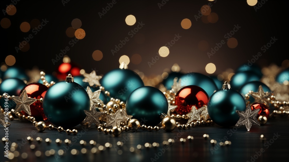 christmas banner with intertwining gold and red ornaments shimmering tinsel and elegant snowflakes rich emerald background. christmas banner with intertwining gold and red ornaments shimmering tinsel and elegant snowflakes rich emerald background.