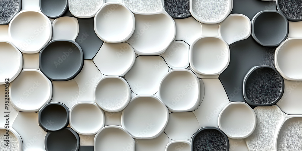 Textured wall design featuring various circular shapes in black and white colors, beautifully arranged for artistic appeal Textured wall design featuring various circular shapes in black and white colors, beautifully arranged for artistic appeal
