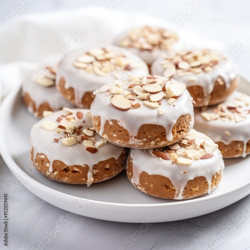 Nuremberg gingerbread with white fudge, blurred background, close up