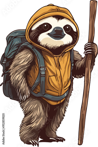 sloth adventure, equipped with a backpack and walking stick, vector
