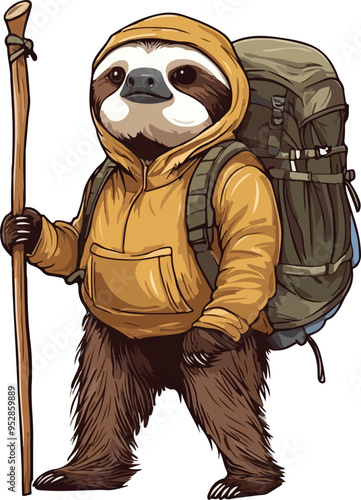 sloth adventure, equipped with a backpack and walking stick, vector