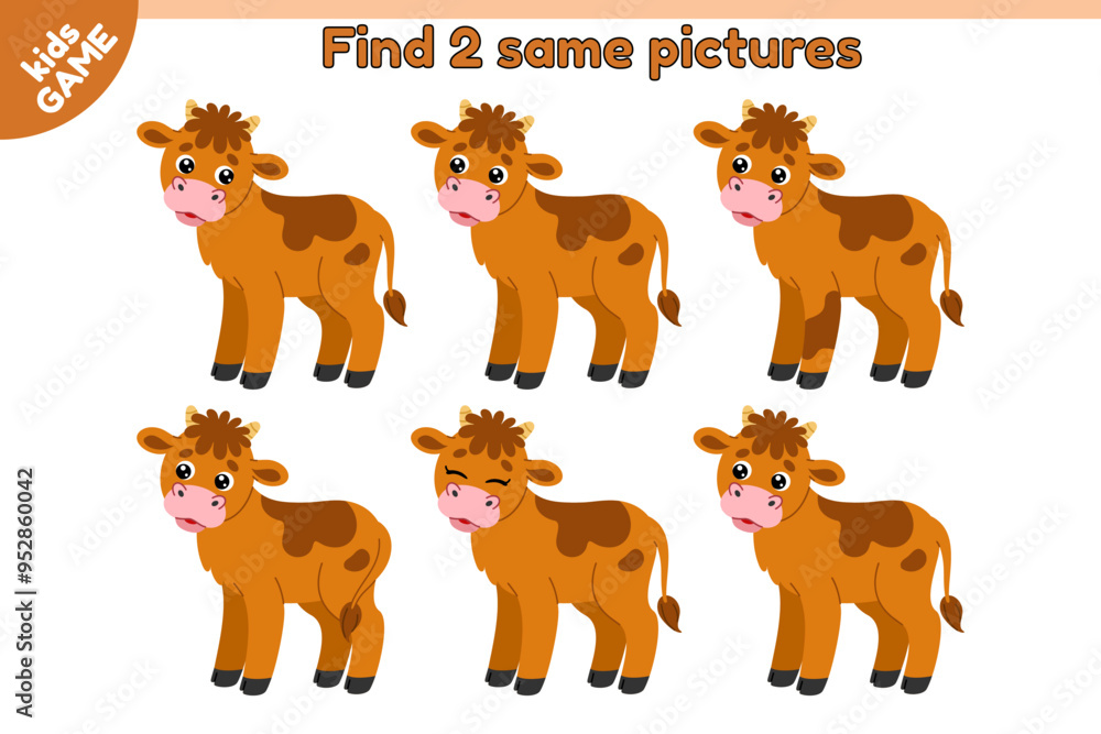 Educational kids farm game. Find 2 same picture with cartoon calf. Small baby cow. Cute farm animal. Puzzle for education. Activity book for preschool and school children. Colorful vector illustration Educational kids farm game. Find 2 same picture with cartoon calf. Small baby cow. Cute farm animal. Puzzle for education. Activity book for preschool and school children. Colorful vector illustration