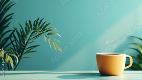 Yellow Coffee Cup Minimalist Green Background