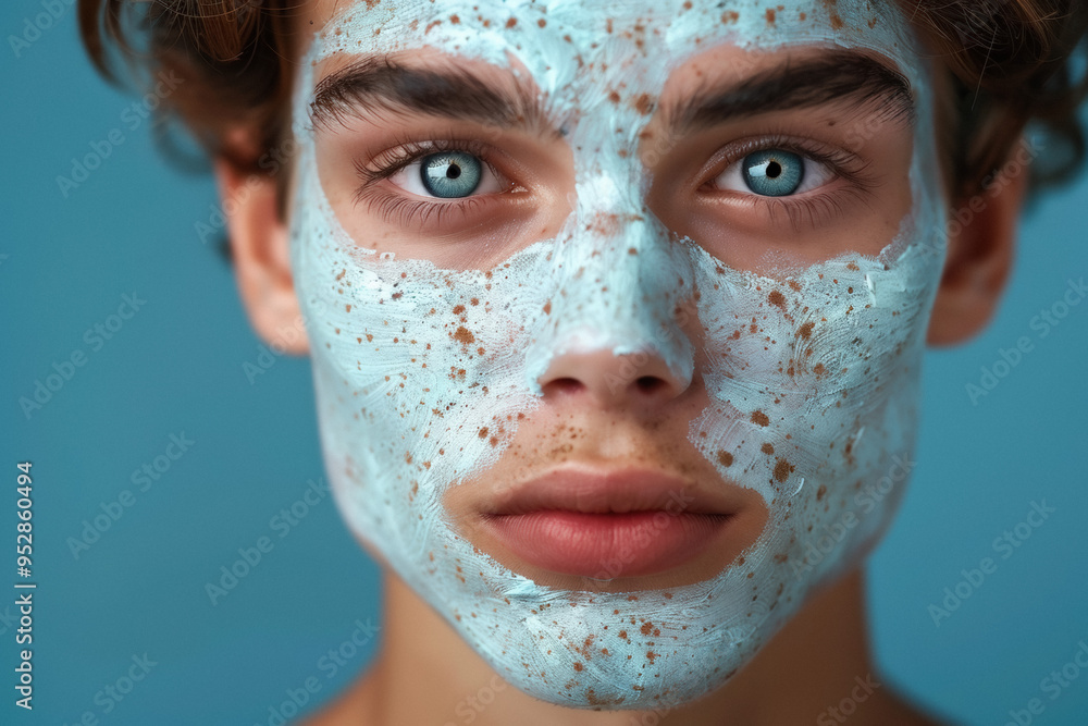 Young man applying a soothing blue face mask at home for a refreshing skin care routine Young man applying a soothing blue face mask at home for a refreshing skin care routine