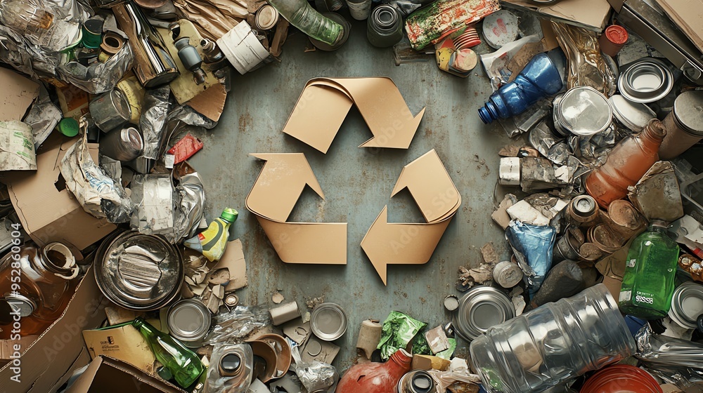 Recycle symbol surrounded by various waste materials. Recycle symbol surrounded by various waste materials.