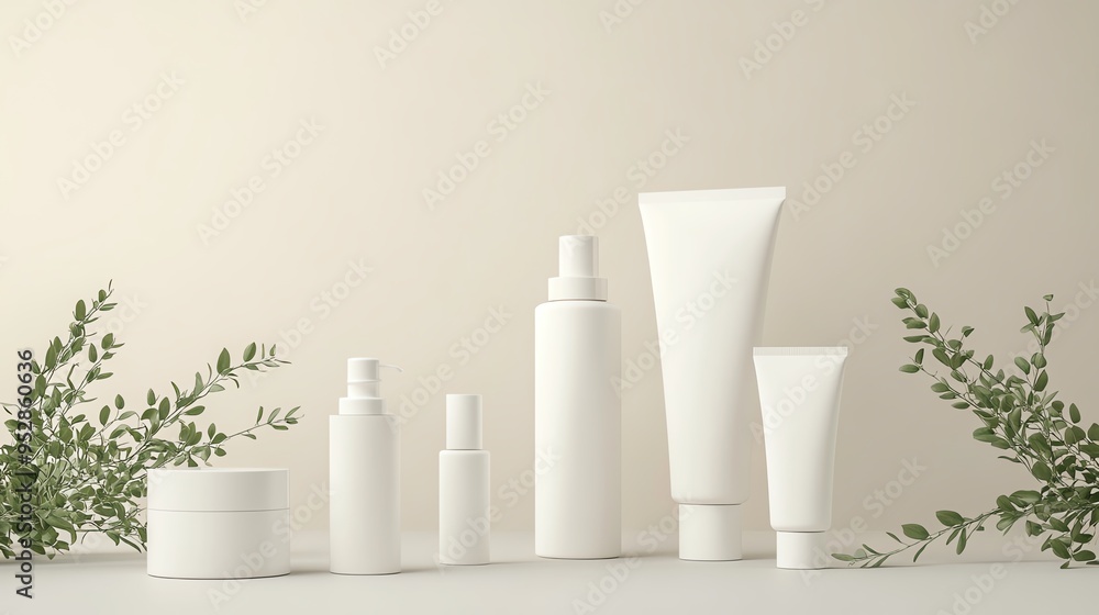 Minimalist white skincare product mockups with green leaves on a beige background. Minimalist white skincare product mockups with green leaves on a beige background.
