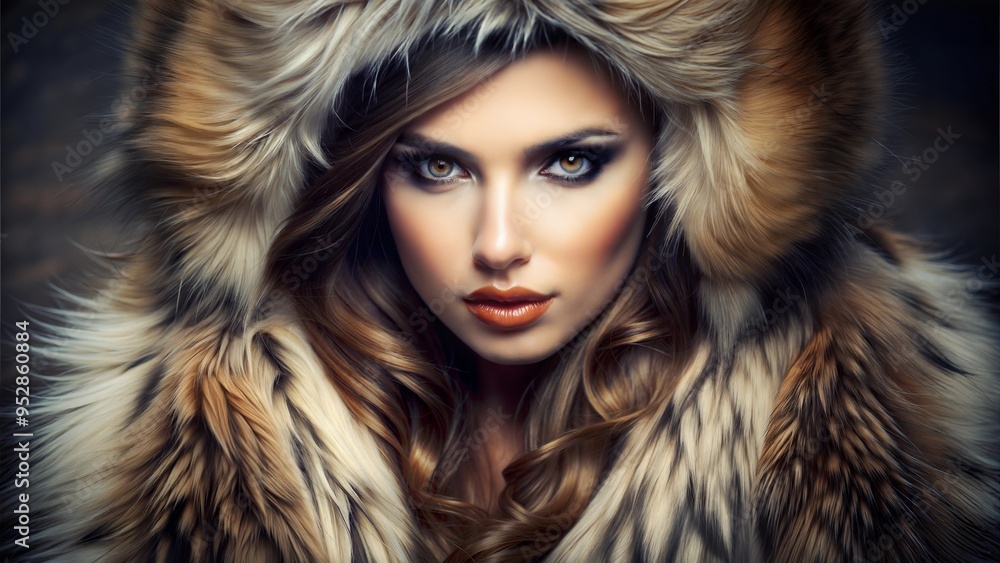 Glamorous Woman in Luxurious Fur Hood, Winter Fashion Portrait, Intense Gaze
Glamorous Woman in Luxurious Fur Hood, Winter Fashion Portrait, Intense Gaze