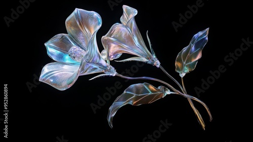 Fototapeta Naklejka Na Ścianę i Meble -  Chrome liquid metal lily flower. 3D render, modern design. Isolated holographic futuristic floral icon. Y2K, brutalism retro futurism concept.