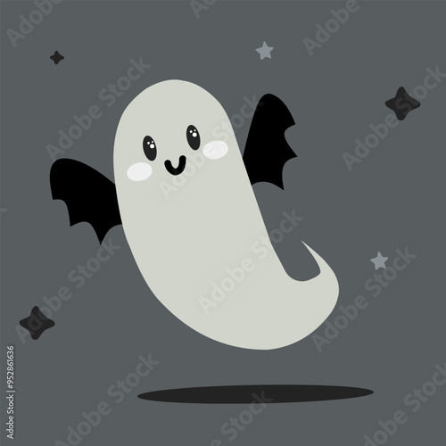 Scary cute ghost for Halloween celebration with bat wings. Halloween illustration