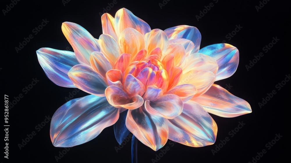 Chrome liquid metal dahlia flower. 3D render, modern design. Isolated holographic futuristic floral icon. Y2K, brutalism retro futurism concept. Chrome liquid metal dahlia flower. 3D render, modern design. Isolated holographic futuristic floral icon. Y2K, brutalism retro futurism concept.