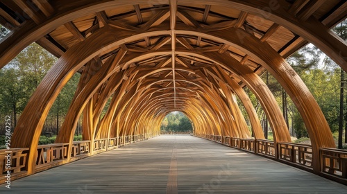 Beautiful wooden bridge surrounded by trees during golden hour