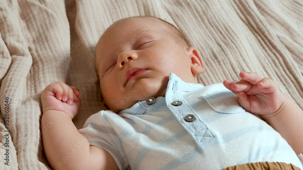Baby is sleeping. Newborn baby sleeping at home on bed. Healthy sleep. Child development. Baby is sleeping. Newborn baby sleeping at home on bed. Healthy sleep. Child development.