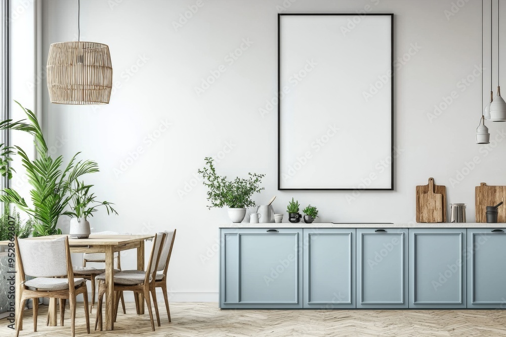 Fototapeta premium Poster Mockup in Kitchen Interior with White Wall created with Generative AI