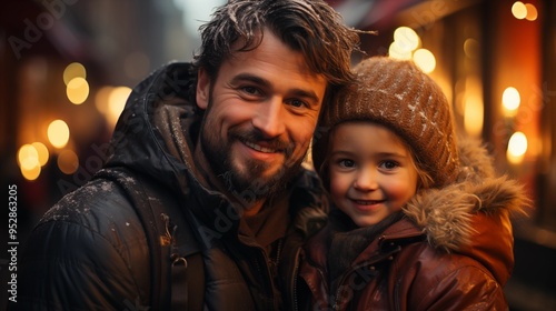 Father and child having wonderful time on traditional Christmas market on winter evening.