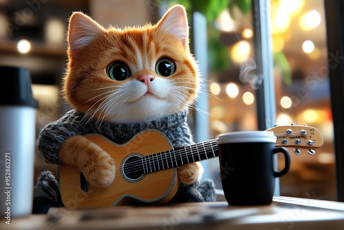 Cat musician at a coffee shop, depicted in a cozy illustration where the cat, sitting by a window with a cup of coffee, strums a guitar while relaxing in a cozy, warm-lit coffee shop
