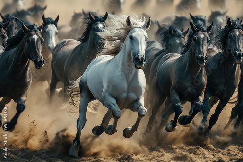 Wild Horses Stampede: A majestic white horse charges ahead, leading a group through a dusty plain. Mustang