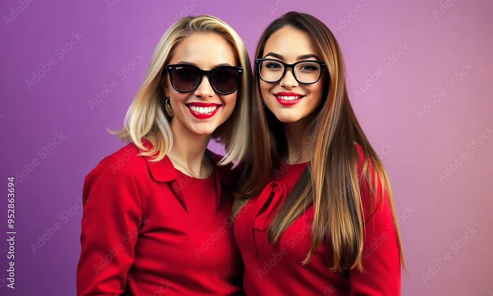 Two young women in red smiling at the camera, one wearing sunglasses, the other wearing glasses. Two young women in red smiling at the camera, one wearing sunglasses, the other wearing glasses.