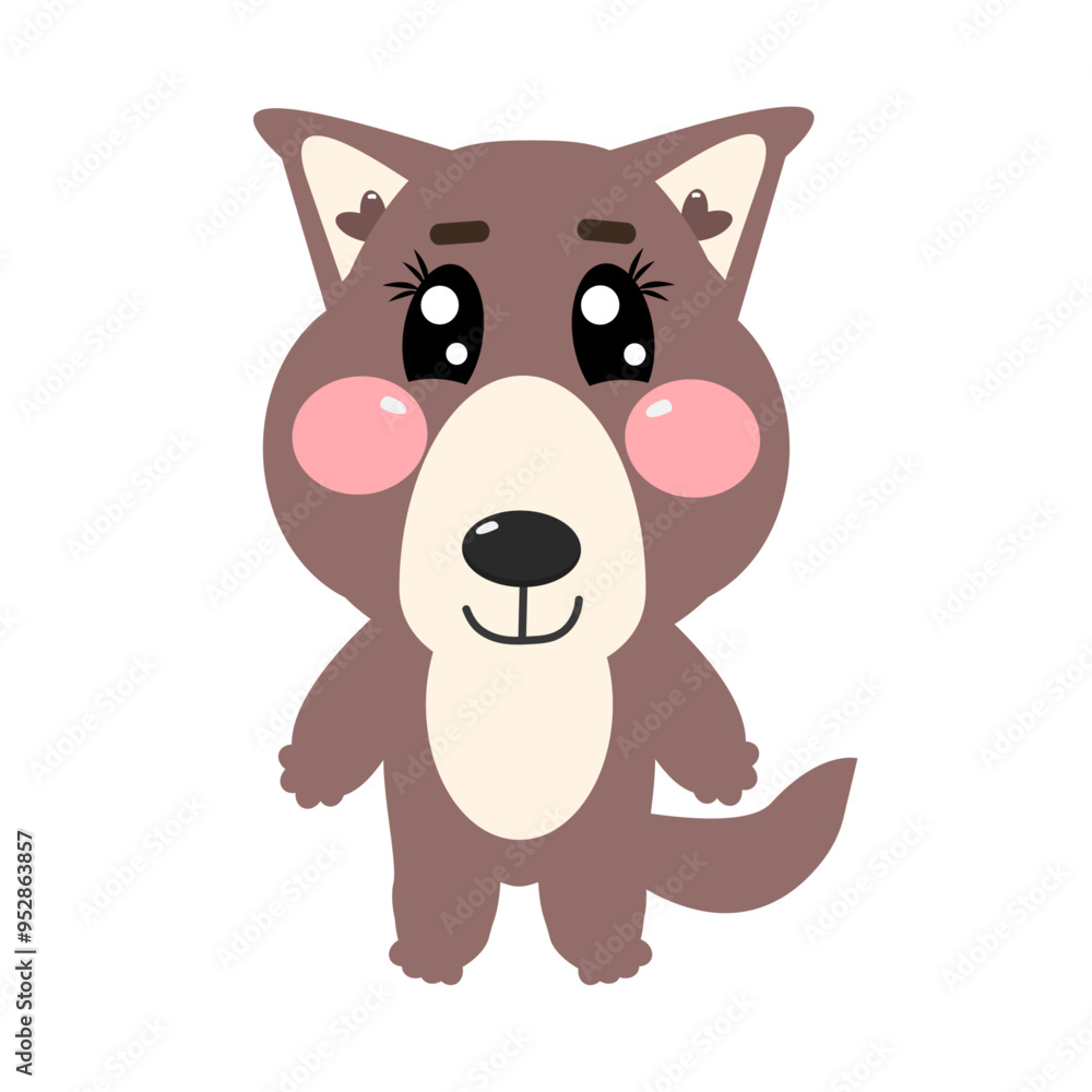 Kawaii cute wolf in full height for children isolated on white background. Vector flat illustration for baby, kids, children in full length Kawaii cute wolf in full height for children isolated on white background. Vector flat illustration for baby, kids, children in full length