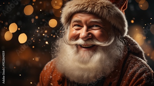 happy santa claus on defocused bokeh effect background.