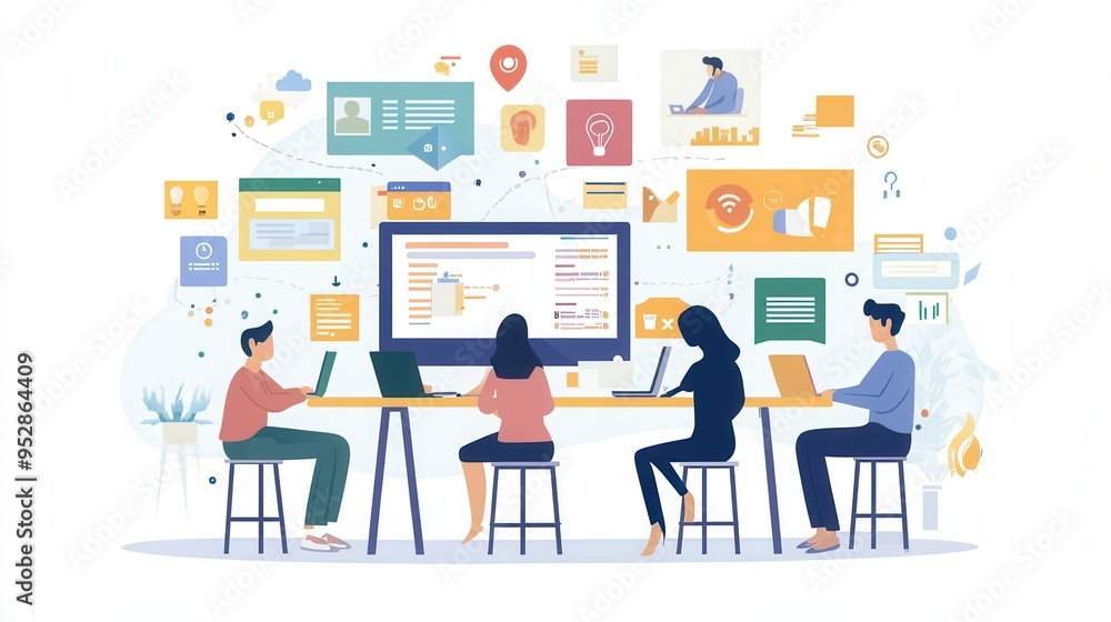 A diverse group of individuals focused on their tasks at a long table, each using a laptop while various digital elements surround them. Generative AI A diverse group of individuals focused on their tasks at a long table, each using a laptop while various digital elements surround them. Generative AI
