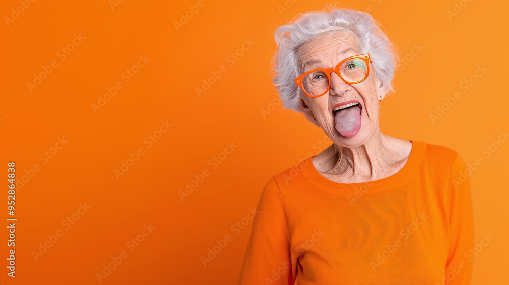 a playful elderly woman with glasses sticking out her tongue in front of an orange background a playful elderly woman with glasses sticking out her tongue in front of an orange background