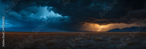 A thunderstorm gathers strength as dark clouds roll over a desert landscape, lit intermittently by striking lightning against the horizon during twilight photo