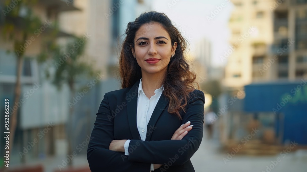 Professional Woman in a suit, smiling confidently against an urban backdrop Professional Woman in a suit, smiling confidently against an urban backdrop