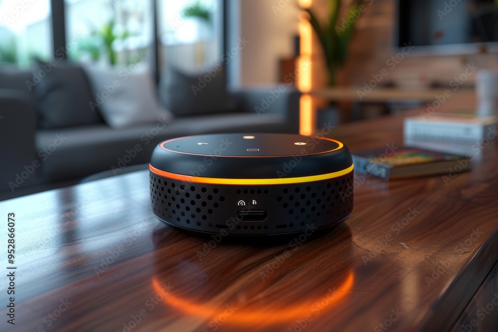Virtual assistant device on a minimalist desk. Generative AI Virtual assistant device on a minimalist desk. Generative AI