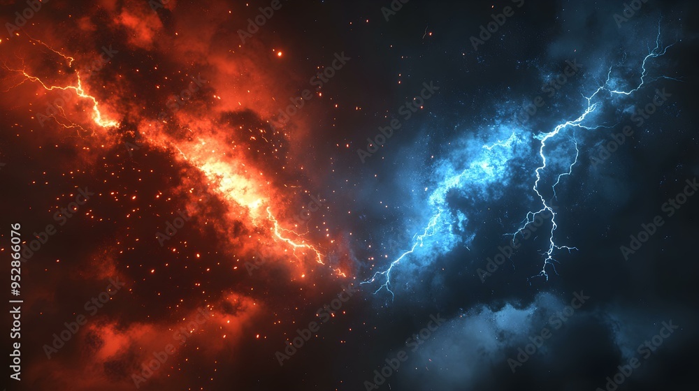 Fototapeta premium Epic Cosmic Clash: Two Thunderstorms Collide in a Fiery Electrical Storm