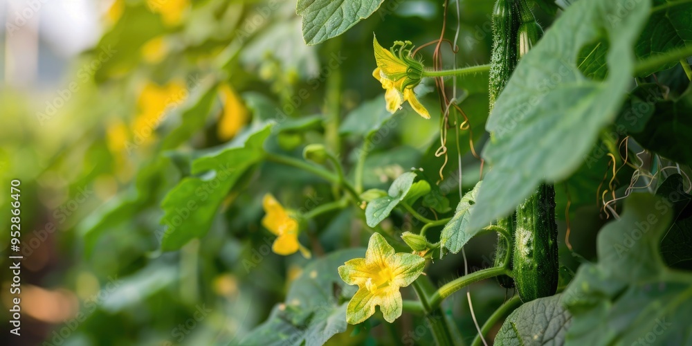 Cucumber plants climbing along trellis in garden Close up of cucumber flower on trellis Cucumber plants climbing along trellis in garden Close up of cucumber flower on trellis