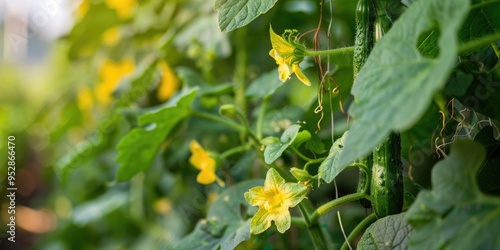 Cucumber plants climbing along trellis in garden Close up of cucumber flower on trellis photo