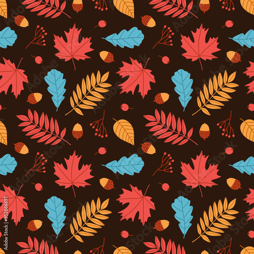 Seamless pattern with autumn leaves, acorns and oak leaves. Perfect background for wallpaper, gift paper, pattern fills, textile, fall greeting cards. Vector illustration