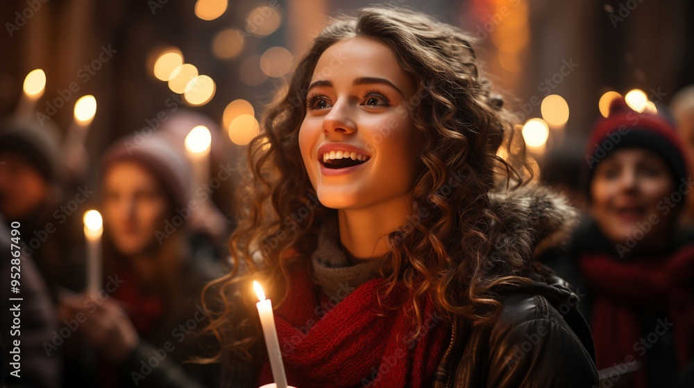 Teenagers Carolers singing traditional songs in city street on christmas. Teenagers Carolers singing traditional songs in city street on christmas.