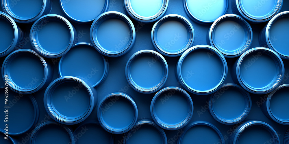 A collection of round blue containers arranged in a uniform pattern on a smooth surface, showcasing various shades of blue in the light A collection of round blue containers arranged in a uniform pattern on a smooth surface, showcasing various shades of blue in the light