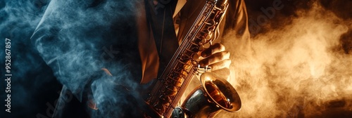 A jazz musician passionately plays a saxophone, enveloped in swirling smoke, creating a captivating atmosphere during an evening performance filled with emotion photo