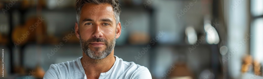 Obraz premium Man with a beard and a white shirt, portrait, banner, copy space