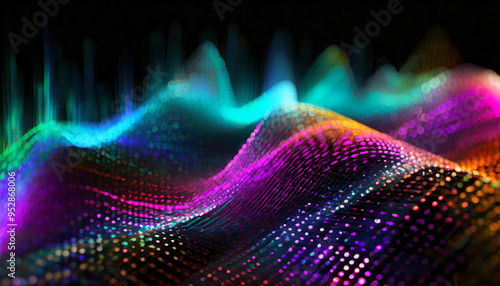 Abstract digital background in future technology style, data, sound graphics, hologram lights, virtual mesh, digital storages, network. Wavy shapes with black, yellow, fuchsia pink, cyan blue colors. 